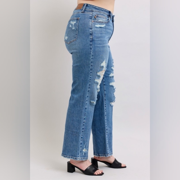Judy Blue High-Rise Distressed Straight Leg Torn Hole Slim Fit Jeans Denim Pants - Picture 9 of 15